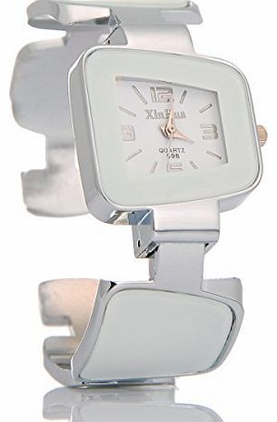 Stretch Cuff Quartz Women Bangle Bracelet Wrist Watch Student Children Trapezoid White For Ladies