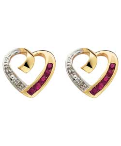 Ruby and Diamond Heart Stud Earrings