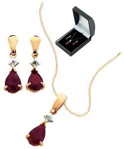 Ruby and Diamond Teardrop Pendant and Earrings Set