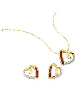 Ruby Heart Pendant and Earring Set