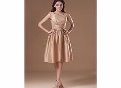 A-line Round-neck Pleat Knee-length Taffeta Dress