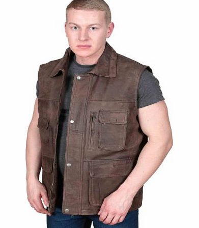 Gents Biker Style Gilet Mens Leather Waistcoat Yelek Boyles Brown (XL)