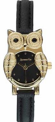 Accessorize Ladies Gold Owl Dial Black Strap