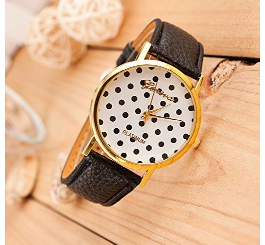 Black Fashinable Women Lady Geneva PU Leather Band Wave Point Polka Wrist Watch