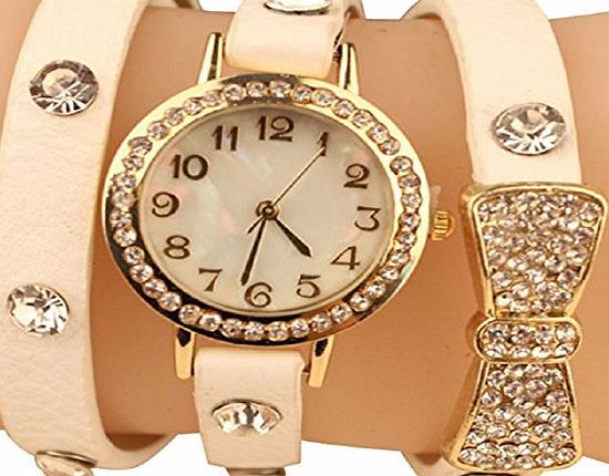 AccessoryStation Fashion Watch Around Shinning Leather Bracelet Diamond Bowknot Crystal Leather chain Womens Lady Girl Quartz wrist watches (White)