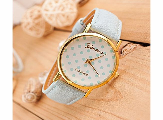 AccessoryStation Sky Blue Fashinable Women Lady Geneva PU Leather Band Wave Point Polka Wrist Watch