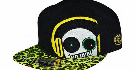 Vibrant Yellow Leopard Animal Print Headset DJ Head Phones - Snap Back Peak Baseball Cap /Hat - Unisex Mens Womens Fashion Accessory (Carbon 212)