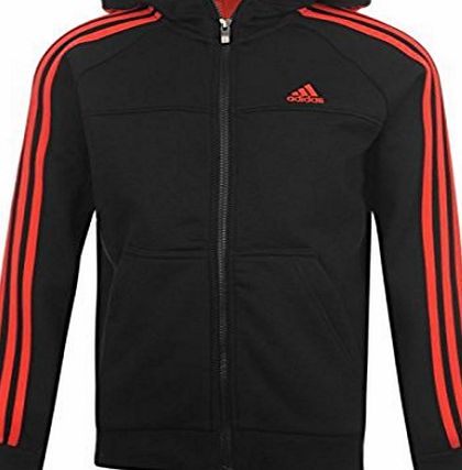 adidas Kids 3 Stripe Full Zip Hoody Junior Boys Hooded Top Hoodie Zipped Black/Red 13 (XLB)