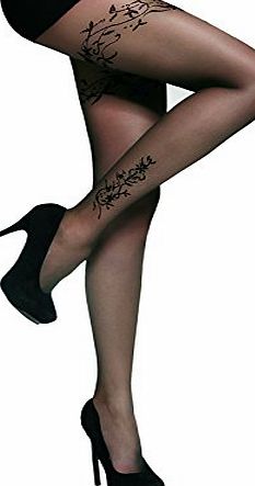 Adrian Isabelle `` Ladies Mock Suspender Fancy Patterned Tights 20 Denier by Adrian (4 / L, Black)