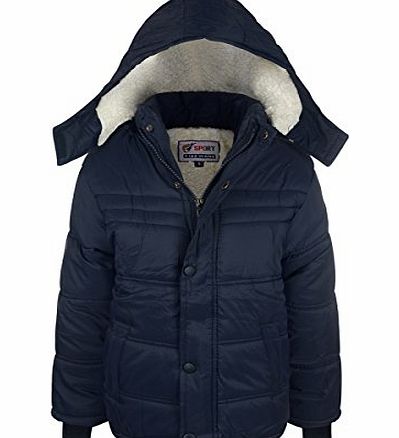 AEL Boys School Jacket Winter Padded Navy Black Fur Hooded New Coat Size 3-14 years (7-8 years, Navy)