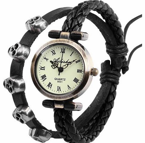 Ailisha Ladies Women Weave Wrap Black Leather Skull Wing Bracelet Quartz Watch