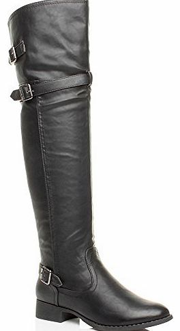 Ajvani WOMENS LADIES LOW HEEL STRAP BUCKLE WINTER ZIP OVER KNEE BIKER RIDING BOOTS SIZE 6 39