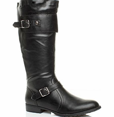 Ajvani WOMENS LADIES LOW HEEL STRETCH CALF ZIP BUCKLE STRAP RIDING BOOTS SIZE 7 40