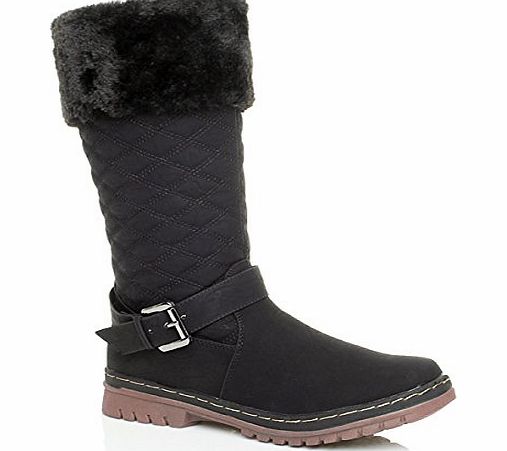 Ajvani WOMENS LADIES WINTER FUR CUFF QUILTED SNOW CALF ZIP BOOTS SIZE 6 39