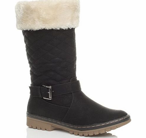 Ajvani WOMENS LADIES WINTER FUR CUFF QUILTED SNOW CALF ZIP BOOTS SIZE 7 40