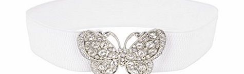 Allegra K Women Rhinestones Accent Butterfly Hook Buckle Elastic Cinch Waist Belt White