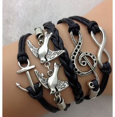 amonfineshop  Antique Silver Infinity Double Birds Note Charms Leather Wrap Bracelet