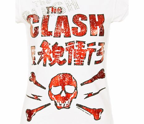 Ladies Diamante Red Clash Skull White T-Shirt