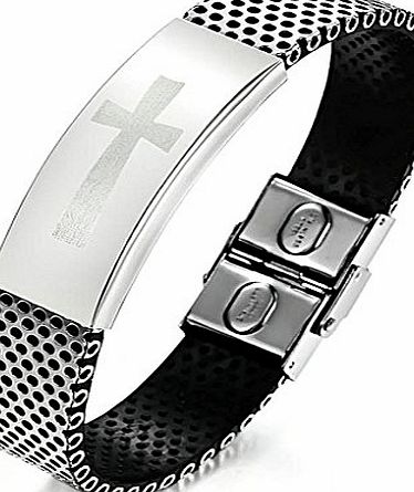 AnazoZ Mens Fashion Bracelet PU Leather Stainless Steel Classic Cross Black 19CM