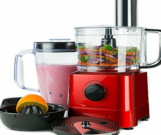 Andrew James Food Processor In Red, 700 Watts, 7 Attachments, 1.4L Processor Bowl, 1.8L Blender Jug