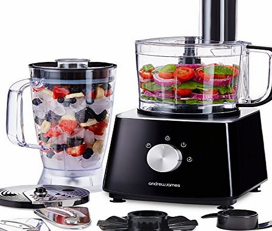 Andrew James Food Processor with Blender in Black, 700 Watts, 6 Attachments, 2L Processor Bowl, 1.8L Blender Jug