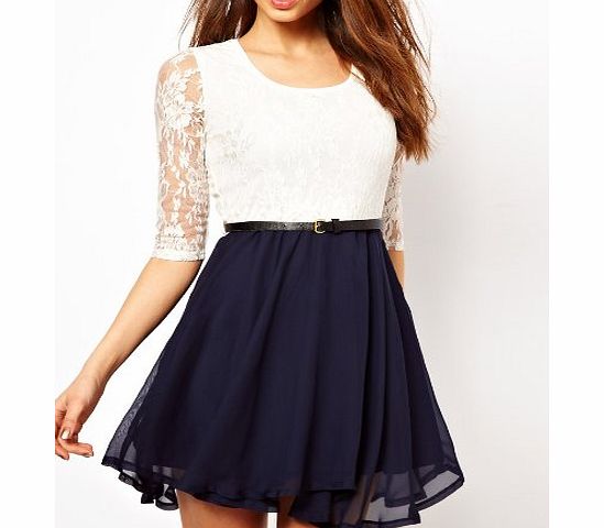 Anself Sexy Fashion Summer Women Ladies Chiffon Dress Lace Top Mini Dress Skater Cute Casual White amp; Dark Blue