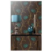 Mia Motif Chocolate/Teal Wallpaper