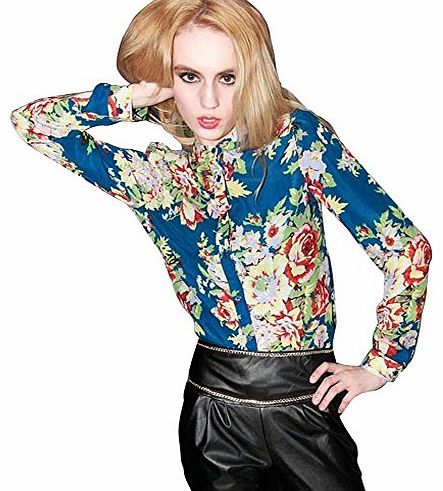 atdoshop Atodoshop(TM) 1PC WomenChiffon Floral Print T-Shirt Long Sleeve Casual Tops Blouse (M, Blue)