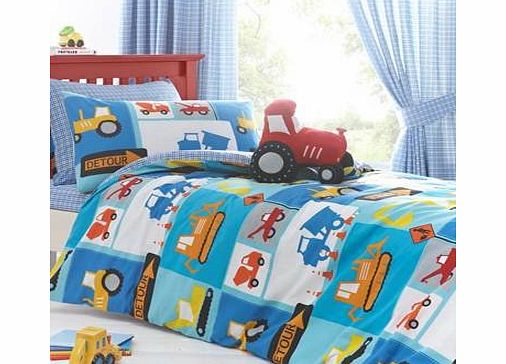 ATLOS BOYS BLUE TODDLER/COT BED DUVET SET ~ DIGGERS amp; MIXERS ~ REVERSIBLE ~ COTBED