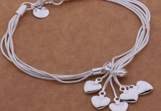 Awhao2008 Fashion Beautiful 925 Silver CuffFive Heart Pendant Bracelet,for Women, Teen Girls, Young Girls, and Men.Velvet Pouch