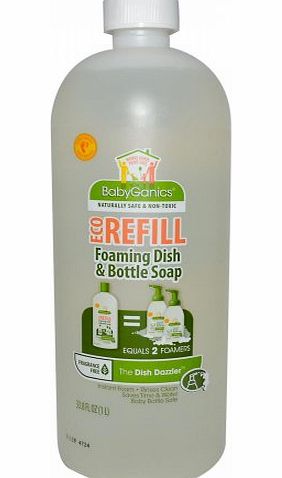 BabyGanics The Dish Dazzler, Eco Refill, Foaming Dish amp; Bottle Soap, Fragrance Free, 33.8 fl oz (1 L)