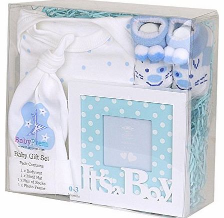 Babyprem  Baby Gift Set 0 - 3 Months - Bodysuit, Hat, Socks and Photo Frame BLUE