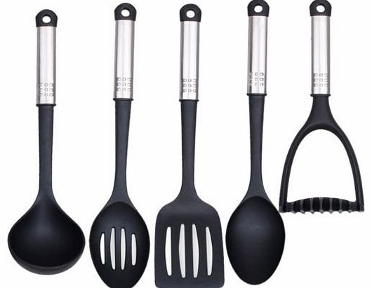 5PC NYLON KITCHEN UTENSIL SET CHROME HANDLES COOKING TOOL CAMPING FOOD GADGETS