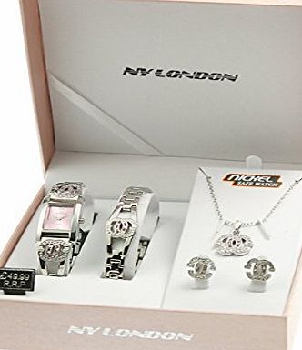 BARGAINS-GALORE LADIES WATCH GIFT BIRTHDAY NECKLACE BRACELET EARRINGS SET PENDANT WOMENS GIRLS (PINK)