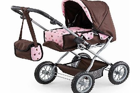 46 - 75cm Dolls Pram Combi Grande Hearts and Flowers Design with Bag (Brown/ Pink)