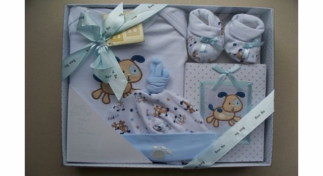 Bee Bo Baby Boys blue box set bodysuit, hat, booties, photo album, Christening baby gift, 0-3 mth