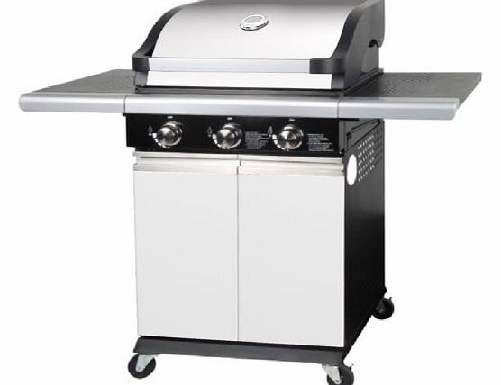 BENTLEY 3 BURNER WHITE DELUXE STAINLESS STEEL GAS BBQ OUTDOOR GARDEN GRILL WITH CUPBOARD