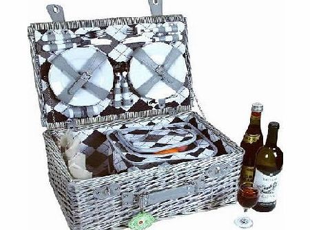 Bentley Explorer 4 PERSON WILLOW WICKER PICNIC BASKET HAMPER SET - CHECKERED LINING