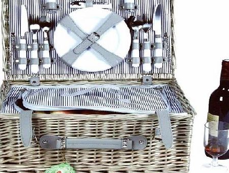 Bentley Explorer 4 PERSON WILLOW WICKER PICNIC BASKET HAMPER SET - STRIPED LINING