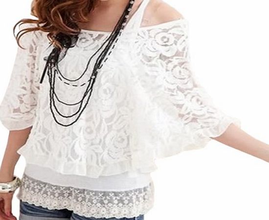 BestMall Hot Women Blouse 2 Pcs Lace Tops Off Shoulder Batwing T-Shirt   Tank Vest White