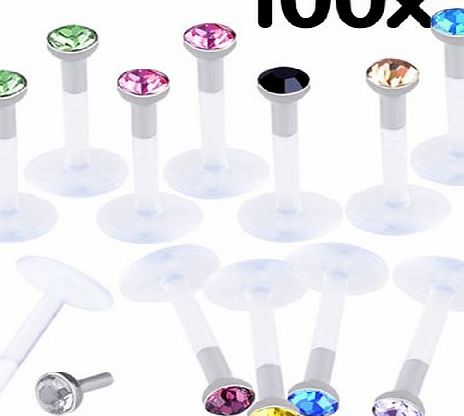 Better Dealz 16GA Acrylic CZ Czech Crystal Gemstone Monroe Bar Labret Lip Rings Tunnel Stud,100pcs