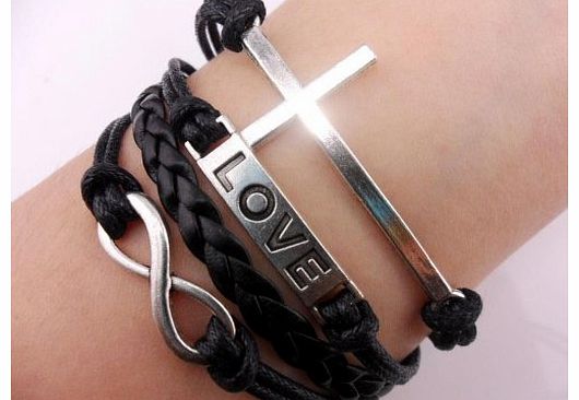 Better Dealz Generic Vintage Silver Cross Bracelet Infinity Love Black Leather Rope Infinite Bangle