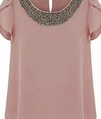 BetterMore Women Ladies Elegant Flounced Short Sleeve Top Tee Beaded Neckline Chiffon Blouse Shirt 5 SIZE Pale 