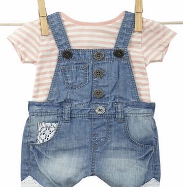 Bhs Baby Girls Short Sleeved Denim Dungarees Set,