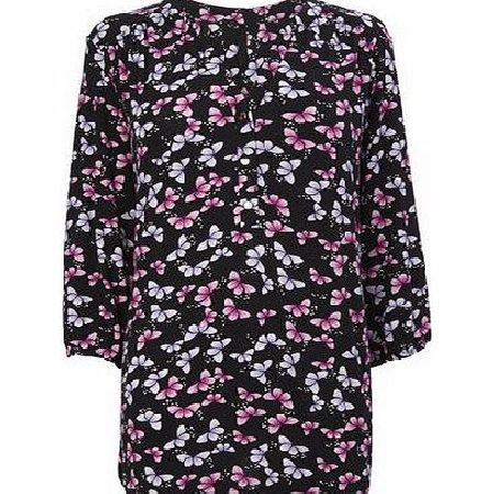 Bhs Black 3/4 Sleeve Butterfly Print Shirt,