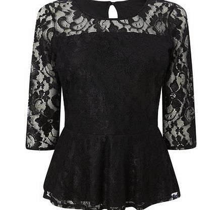 Bhs Black 3/4 Sleeve Peplum Lace Top, black 9022888513