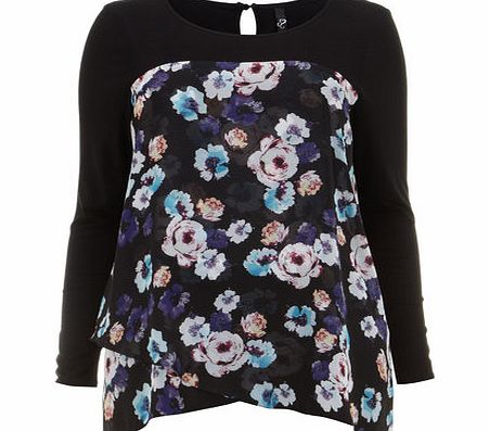 Bhs Black Blurred Floral Print Tier Top, black/multi