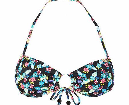 Black Floral Print Adjustable Bandeau Top,