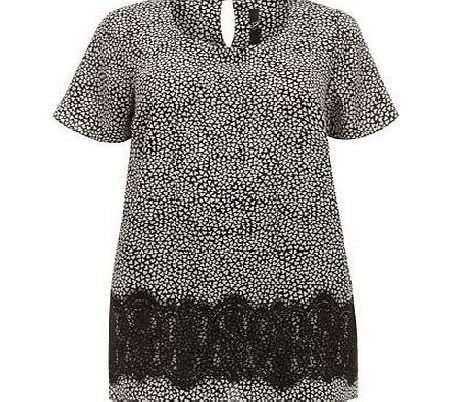 Bhs Black Heart Print Lace Detail Top, black
