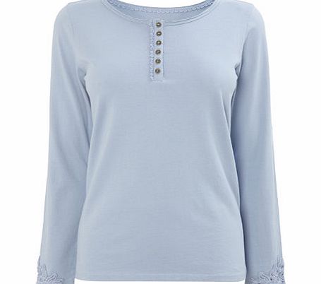 Blue Long Sleeve Crochet Sleeve Button Neck Top,